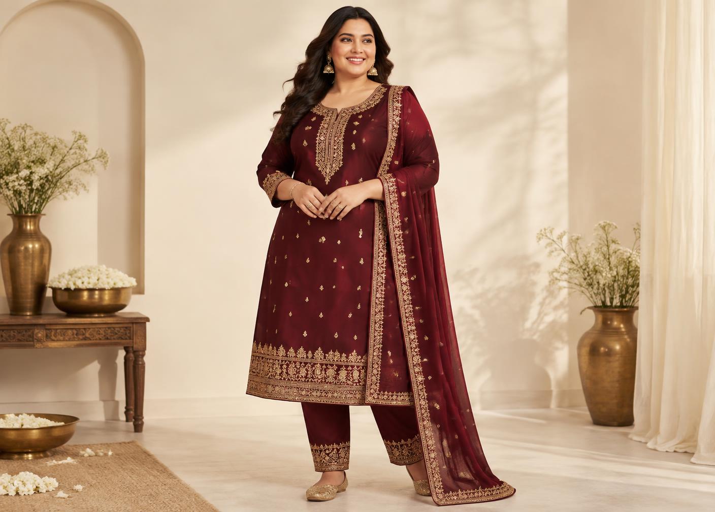 Plus-size woman in a hand-embroidered Indian kurta set